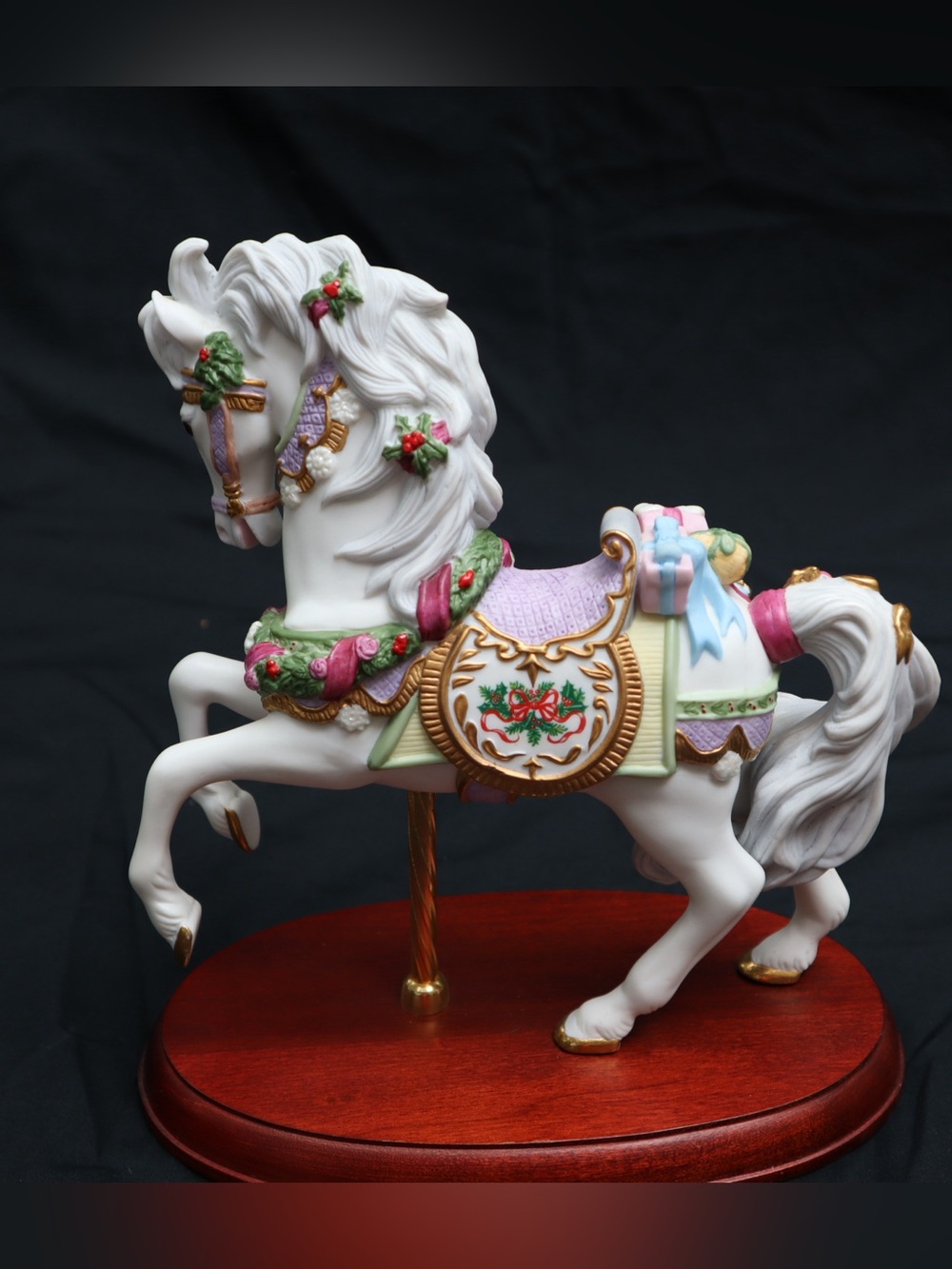 Lenox 1995 White Carousel Christmas Horse Figurine with Gold and Pastel Accents